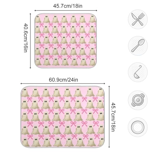 Pink Halloween Ghost Bow Dish Drying Mat - 18x24 Reusable Microfiber Kitchen Countertop