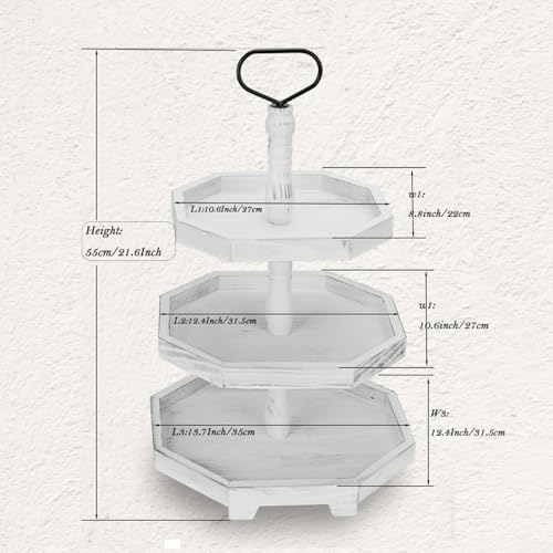 Hexagonal White 3-Tiered Farmhouse Serving Tray Stand - Decorative Wooden Cupcake Display