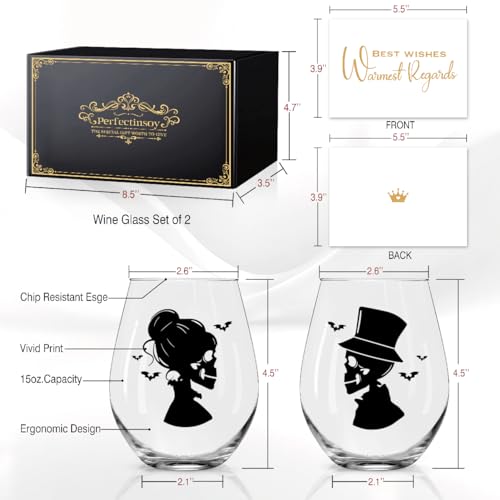 Skull Couple Wine Glasses Set of 2 - Halloween Gothic Gift Box