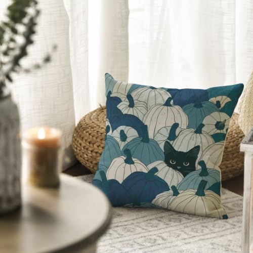 Blue Fall Pumpkin Black Cat Throw Pillow Cover 18x18 Inch - Pack of 1