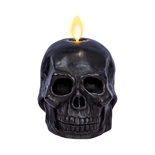 Flameless Skeleton Skull Candle - Black Moving Flame LED Halloween Décor - Small 3.75x4.25 inches