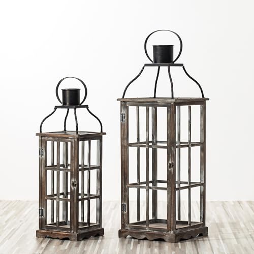 Black Farmhouse Wooden Candle Lanterns Set of 2 - 25 & 18.75 Inches, No Glass
