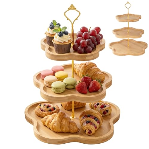 DUJUST 3-Tier Wooden Cupcake Stand Flower-Inspired Serving Tray - 3 Tier