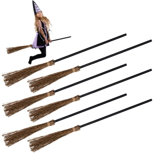 6 Pack Halloween Witch Brooms - Plastic & Branch Decor Props for Porch & Costume