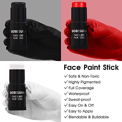 Face Paint Stick Set with Setting Powder - Black, White, Red Clown Joker Skeleton