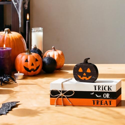 Halloween Wooden Pumpkin Stack with Faux Books - Ghost Pumpkin Variation