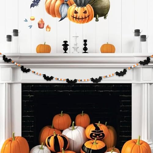 Halloween Bat Garland 5.6 Ft Wooden Beads & Felt Bats Rustic Decor