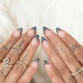 French Tip Press On Nails - Black & White Stripes, Short Almond Style - Variation 34