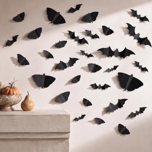 Halloween Wall Decals Set - 100 Black 3D Bat & Moth Stickers for Indoor/Outdoor Decor