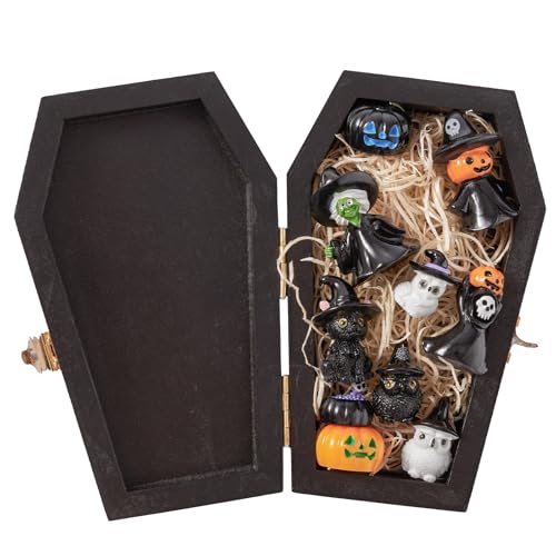 Halloween Miniature Figurines Set - Coffin & Witch Owl Skeleton Pumpkin Decor - Variation of Hat & Witch & Owl