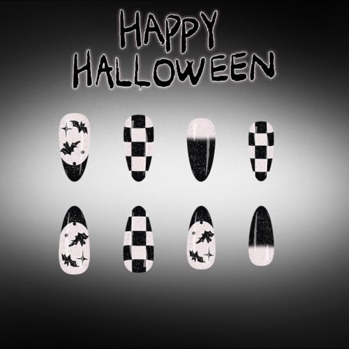 Halloween Fake Nails - Checkered Bat Ombre Almond Press-On Nails Style-37