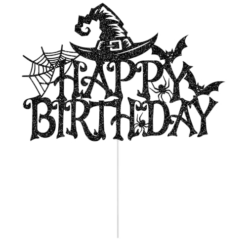 Halloween Birthday Cake Topper Witch Bat Spider Glitter Decor - Black