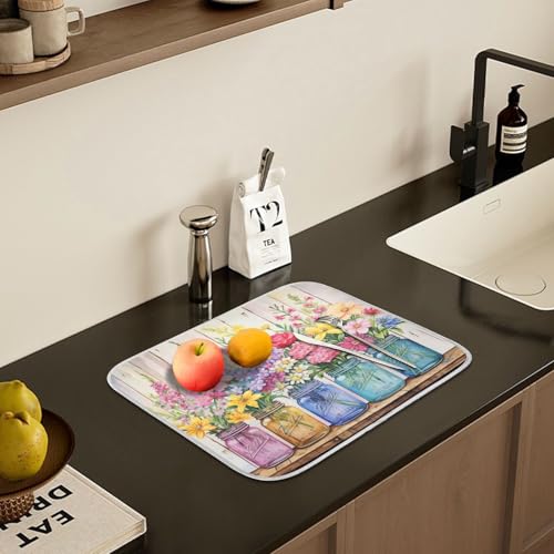 24x18 Inch Floral Jars Dish Drying Mat for Kitchen Counter Absorbent Microfiber
