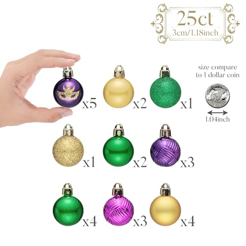 Mini Mardi Gras Holiday Ornaments Set - Purple, Green, Gold, 25 Pieces