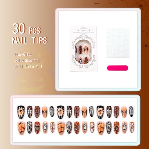 Halloween Press On Nails Set - Medium Almond Fake Nails with Ghost Spider Web Bat Design, 30Pcs - Variation Halloween-28
