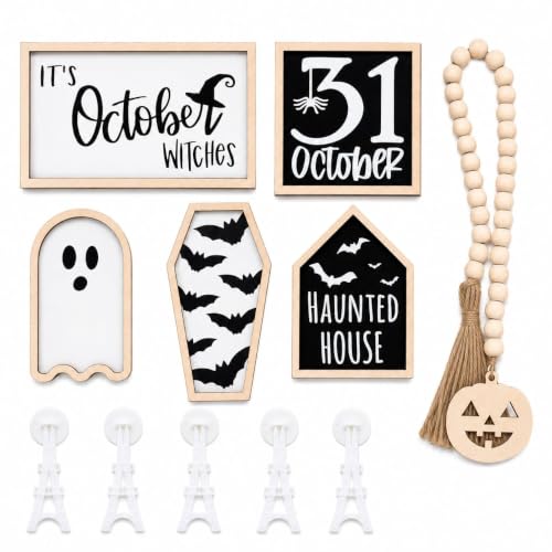 Halloween Tiered Tray Decor Set with Bat Coffin Ghost Witches Sign Bead Garland