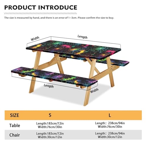 Halloween Bat Spider Web 8 Ft Picnic Table Cover and Bench Covers Set - Waterproof & Windproof, 3 Pieces