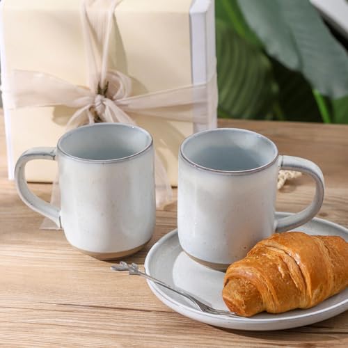 White Ceramic Coffee Mug Set of 4 - 14oz Large Handle Stoneware Tea Cups for Latte & Cappuccino
