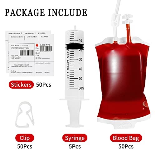 Halloween Blood IV Bag Drink Set with 50 Bags, 50 Labels, 50 Clips, 3 Syringes - Reusable Zombie Party Decorations