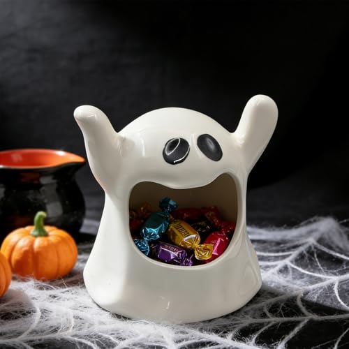Ghost Shaped Ceramic Candy Bowl - Halloween Candle Holder & Organizer - Variation: Ghost