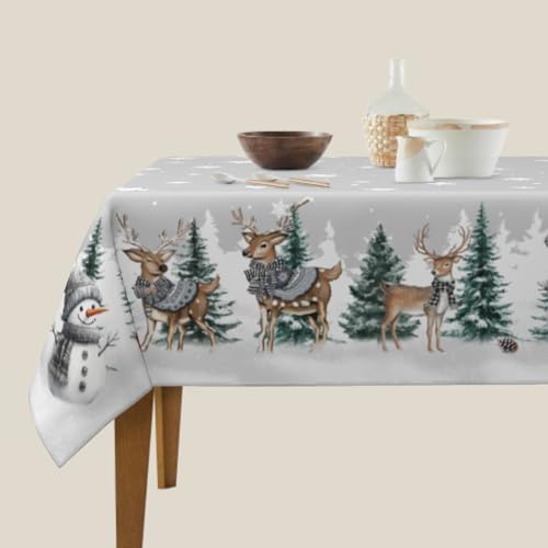 Reindeer Snowman Grey Square Tablecloth 54x54 Inch Water-Resistant Washable Winter Decor