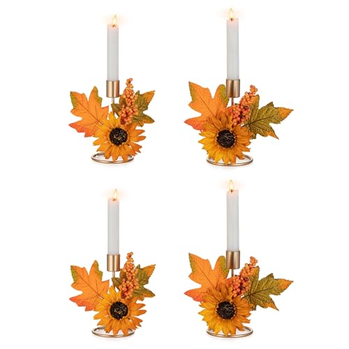 Fall Candle Holder Set of 4 - Gold Thanksgiving Decor with Sunflower & Maple Leaves