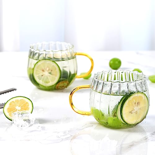 Halloween Pumpkin Glass Coffee Mugs Set of 4 - 14oz with Yellow Handle