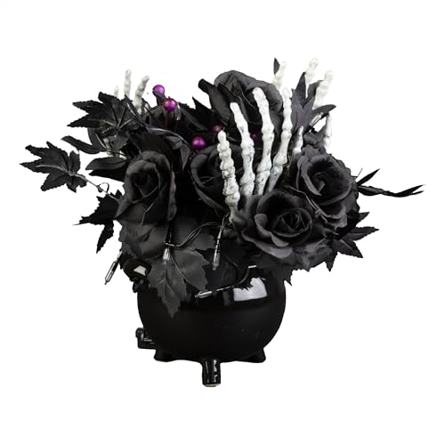 Halloween Centerpiece with Purple LED Lights, Black Roses & Skull Hands - 19 Inch