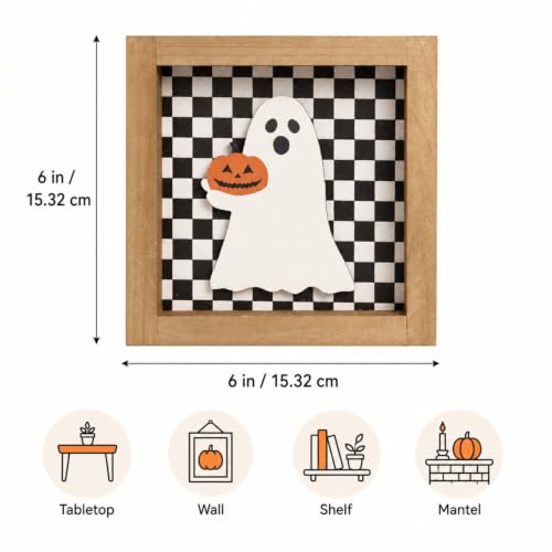Black White Checkered Halloween Sign - 3D Ghost Pumpkin Home Decor - Variation: Black and White Checkered