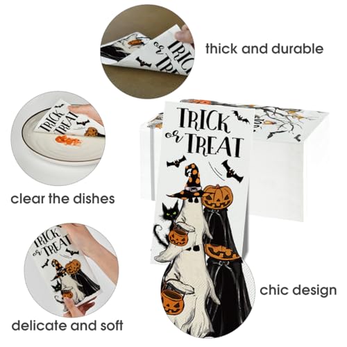 Halloween Paper Napkins 100 Pack - Jack-O-Lantern Ghost Bats Cat 4.3x7.9 Inches