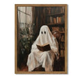 Halloween Ghost Wall Art - Framed Reading Book Canvas, Gothic Moody Library Scene, 24x16 Inches - Variation: Library Ghost