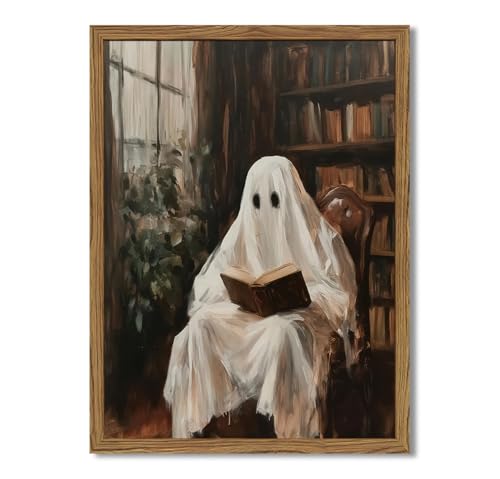 Halloween Ghost Wall Art - Framed Reading Book Canvas, Gothic Moody Library Scene, 24x16 Inches - Variation: Library Ghost