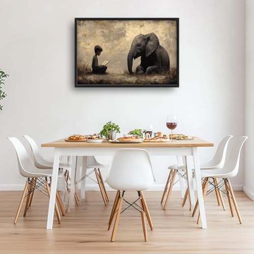 Large Elephant Wall Art Canvas - Kids Reading Animal Decor for Living Room & Bedroom