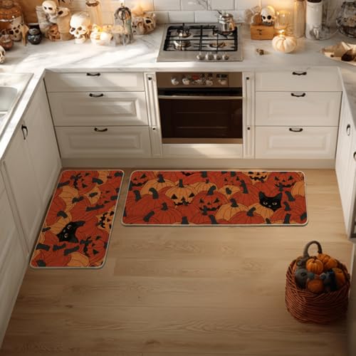 Cat Halloween Kitchen Mats Set of 2 - Non-Slip Decorative Floor Protectors