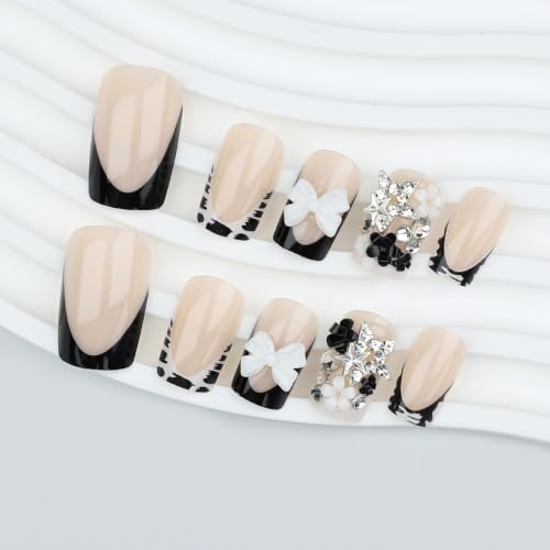 Black French Tip Press On Nails Medium Square Style-01 - Reusable Manicure Set
