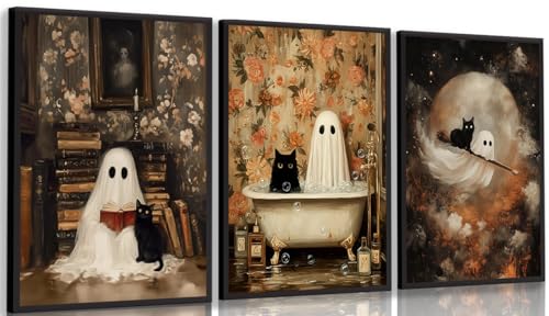 Halloween Ghost Wall Art Set - Gothic Moody Ghosts & Black Cat Poster 24x16 Inches