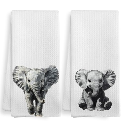 Elephant Kitchen Towels and Dishcloths Set - Nursery Decor Gifts, 16x24 Inches - Rustic Safari Jungle Theme - Variation: Elephant