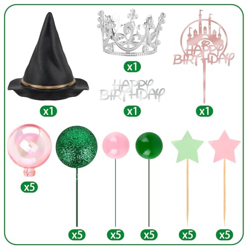 Witch Theme Cake Decorations Set with Crown Hat Balloons - Pink & Green - 33 Pack - Witch Variation