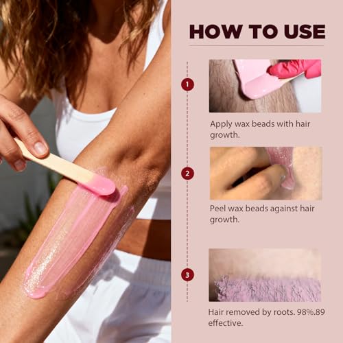 Keethem Hard Wax Beads for Sensitive Skin - Rose, 1.1lb Full Body Waxing Kit with 20 Sticks