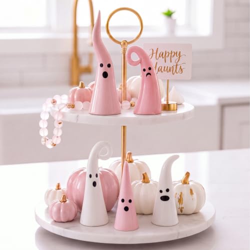 Pink Halloween Ceramic Ghost Decor Set - Witch Hat Shape, 5 Pieces