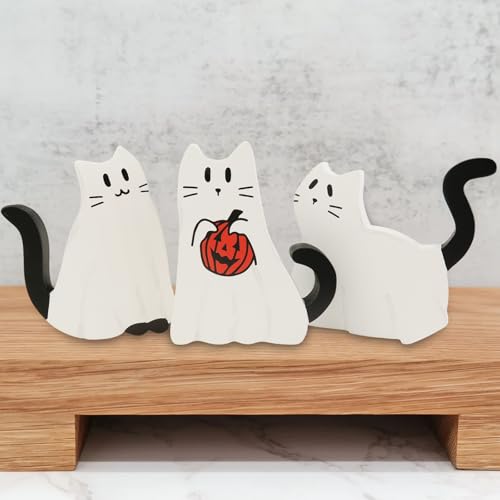 Halloween Ghost Cat Wood Signs Set - Rustic Farmhouse Decor, 3 Pieces