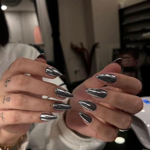 Black Chrome Almond Press On Nails - Medium Length Metallic Fake Nails for Women