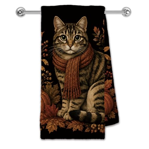 Fall Tabby Cat Hand Towel 16x24 Inch Halloween Pumpkin Autumn Decor - Fall Cat Variation
