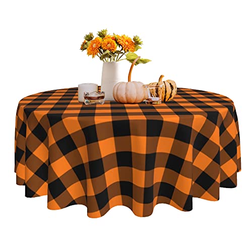 SuQKXCo Fall Orange Black Buffalo Plaid Tablecloth 60 Inch Round Polyester - Grid Pattern