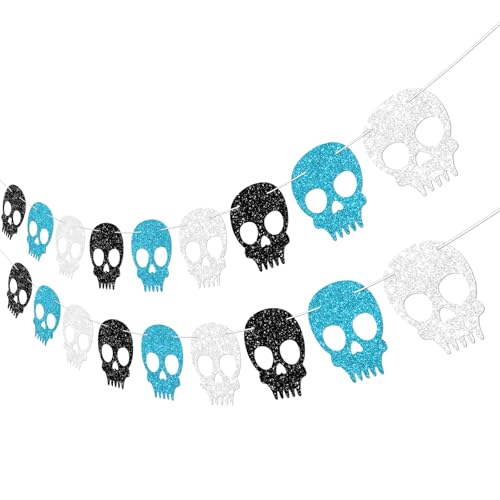 Blue Skull Garland for Halloween Party Decorations Gothic Birthday Banner - 2PCS