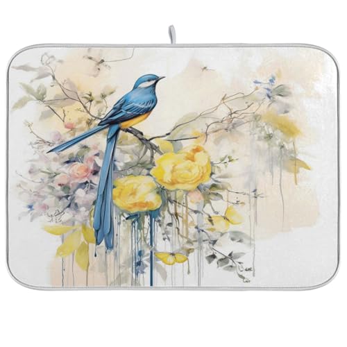 ALAZA Blue Bird with Yellow Flowers Dish Drying Mat - 16 x 18 Inch Kitchen Counter Protector