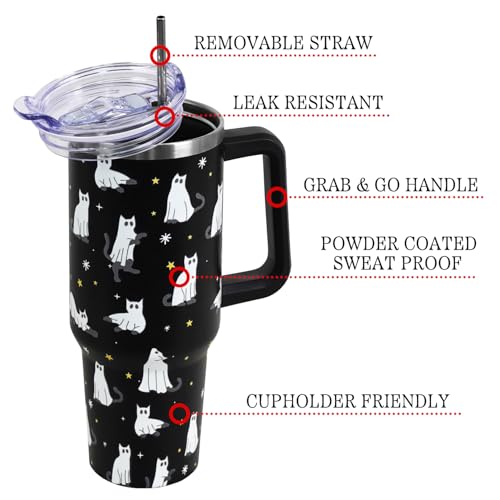 Halloween 2025 40oz Ghost Cat Tumbler with Lid & Straw - Spooky Leakproof Gift