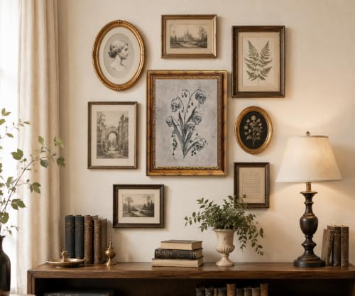 Gothic Skull Floral Wall Art Canvas Print - Vintage Gold Frame 12x16