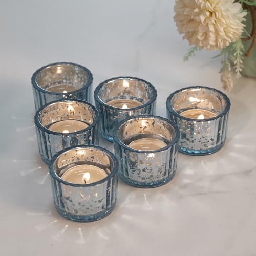 Blue Votive Candle Holders Set of 12 - Retro Embossed Glass Tea Light Decor