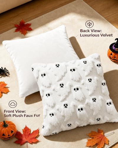 Halloween Faux Rabbit Fur Pillow Covers 18x18 - Ghost & Boo Design, Pack of 2 - Ghost White Variation